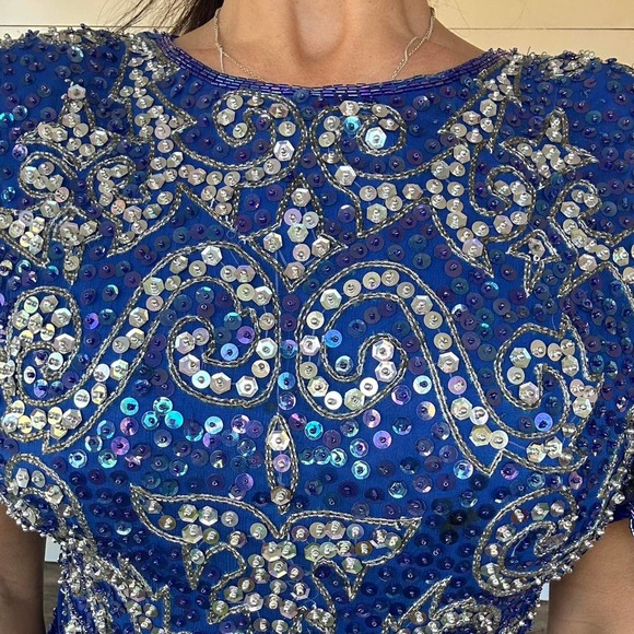 Vintage 80's Blue Sequin Dress Cocktail Beaded Silk Dress BRILLIANTE by JA - Picture 3 of 5